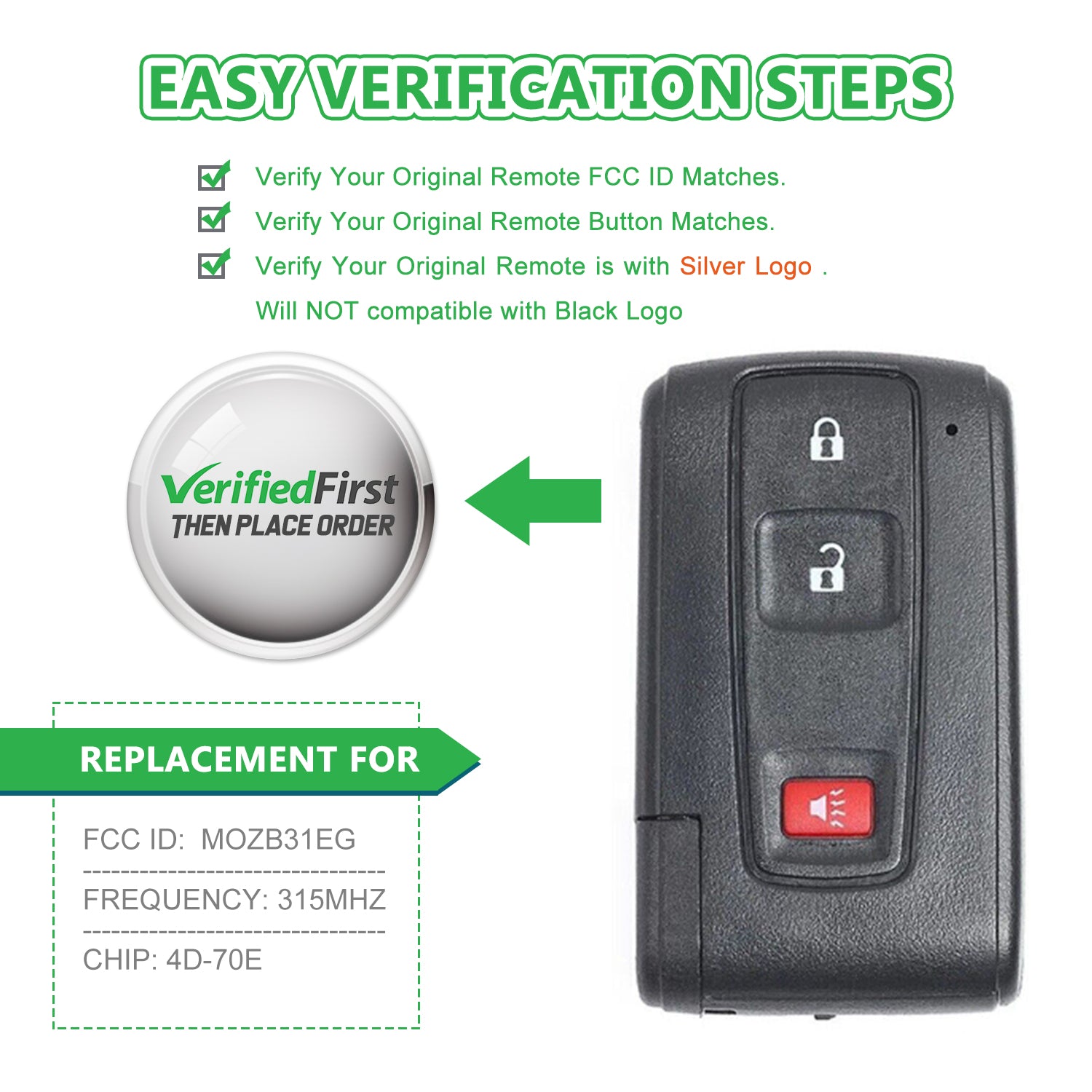 Lots of 10 Smart Car Key Fob Replacement for Toyota Prius (Silver Logo Only) fits 2004 2005 2006 2007 2008 2009 Proximity 3 Button Remote MOZB31EG 4D-70E Chip
