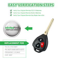 Extra-Partss Keyless Remote Car Key Fob Replacement for Toyota 2006-2010 RAV4/2007-2012 Yaris/2008-2013 Scion XB 3 Buttons HYQ12BBY 89070-42660 89070-42670