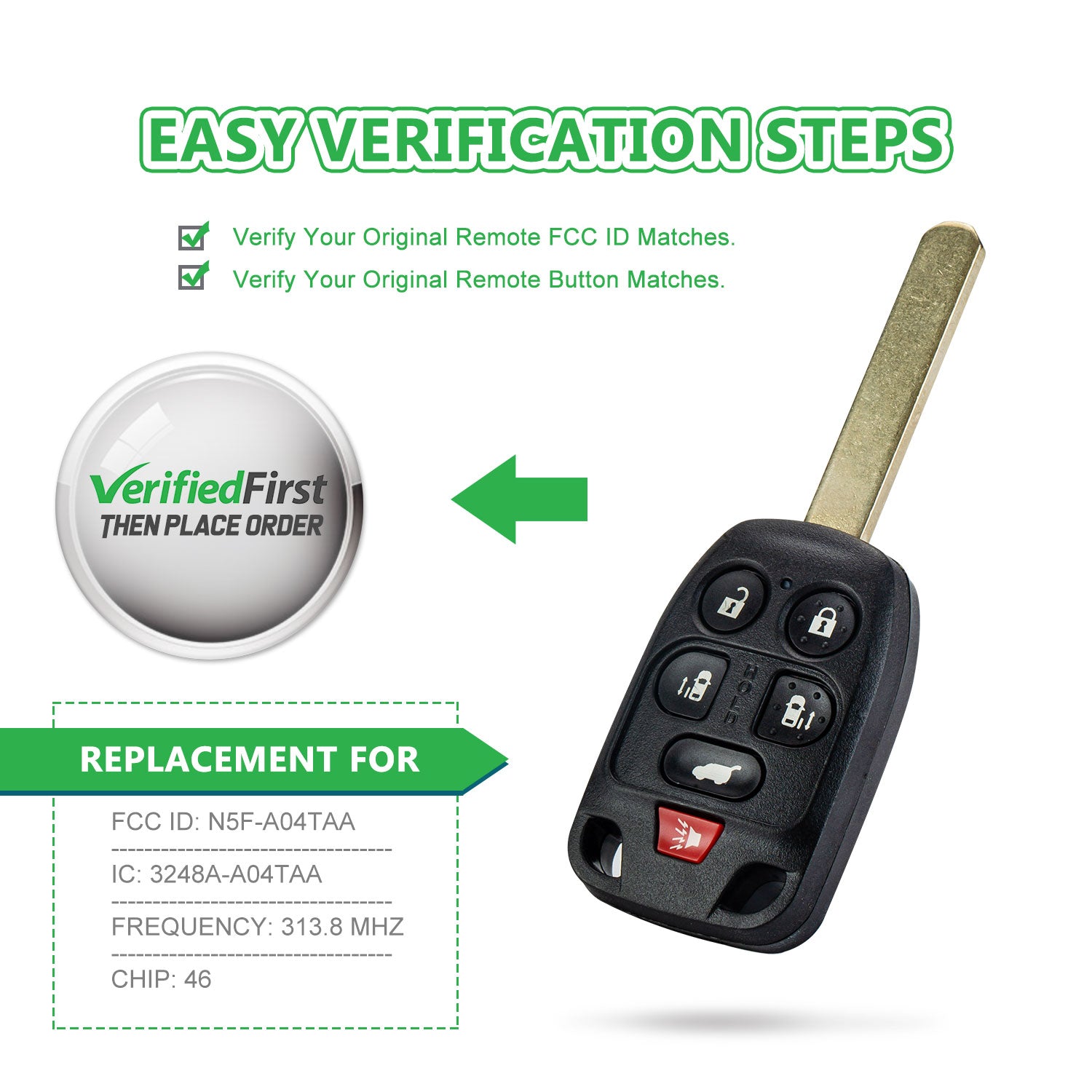 Lots of 5 Remote Car Key Fob Replacement for Honda N5F-A04TAA fits 2011 2012 2013 2014 Odyssey 6 Button