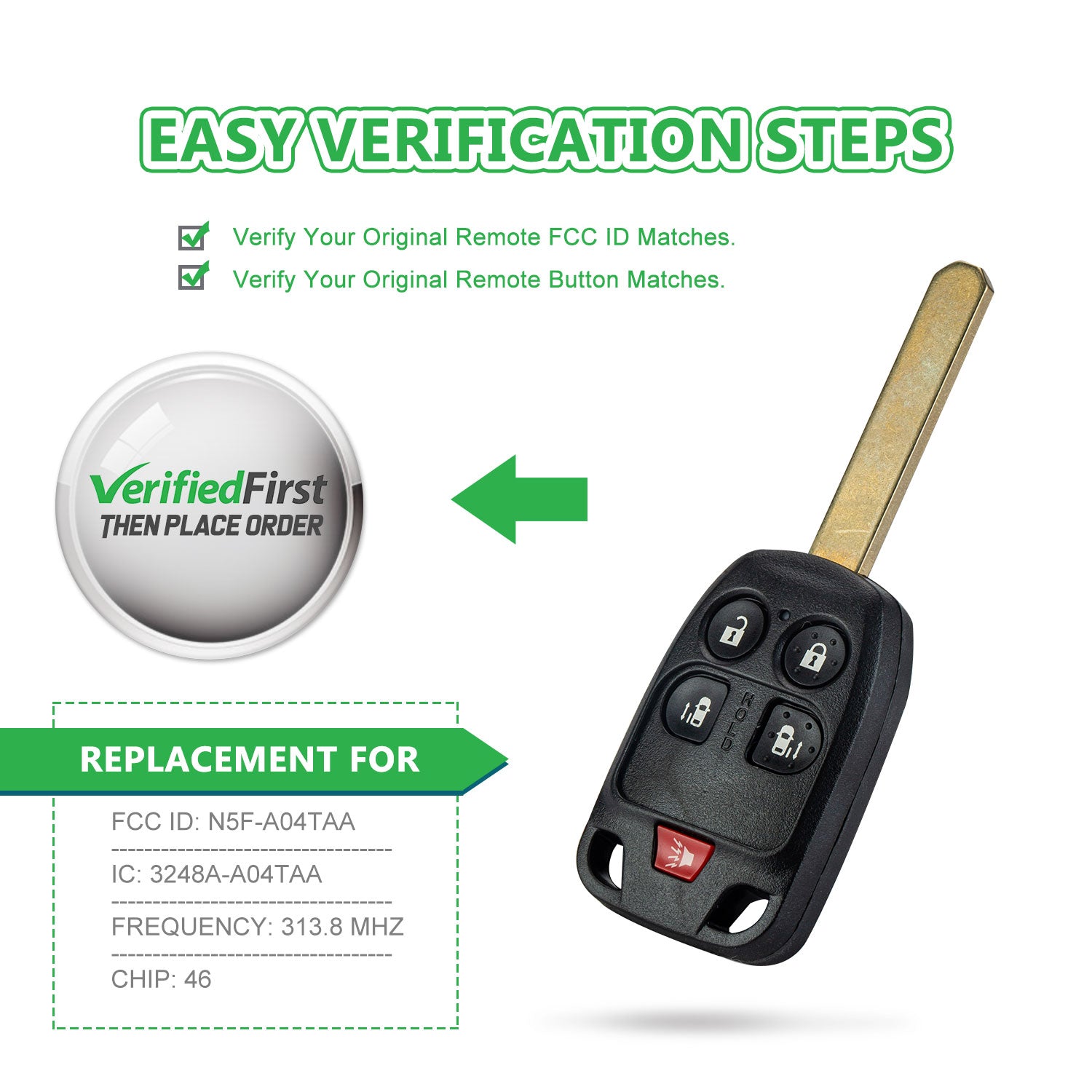 Extra-Partss Remote Car Key Fob Replacement for Honda N5F-A04TAA fits 2011 2012 2013 2014 Odyssey 5 Button