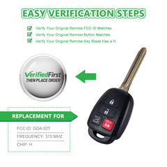 Extra-Partss Remote Car Key Fob Replacement for Toyota GQ4-52T fits 2014 2015 2016 2017 2018 2019 Highlander H Chip