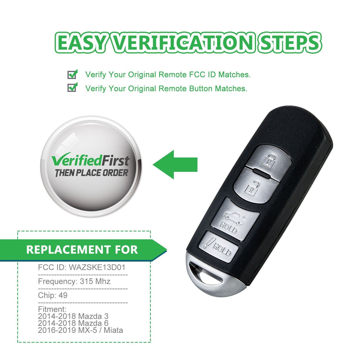 Extra-Partss Remote Car Key Fob Replacement for WAZSKE13D01 fits 2014 2015 2016 2017 2018 Mazda 3 6