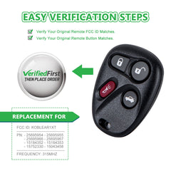 Lots of 5 Car Remote Fob Replacement for KOBLEAR1XT 25695954 fits 2001 2002 2003 2004 2005 Chevy Impala 4 Button
