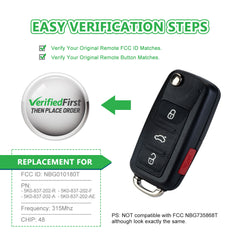 Lots of 5 Remote Car Key Fob Replacement for VW NBG010180T fits 2012 2013 2014 2015 2016 Golf Jetta Passat Beetle