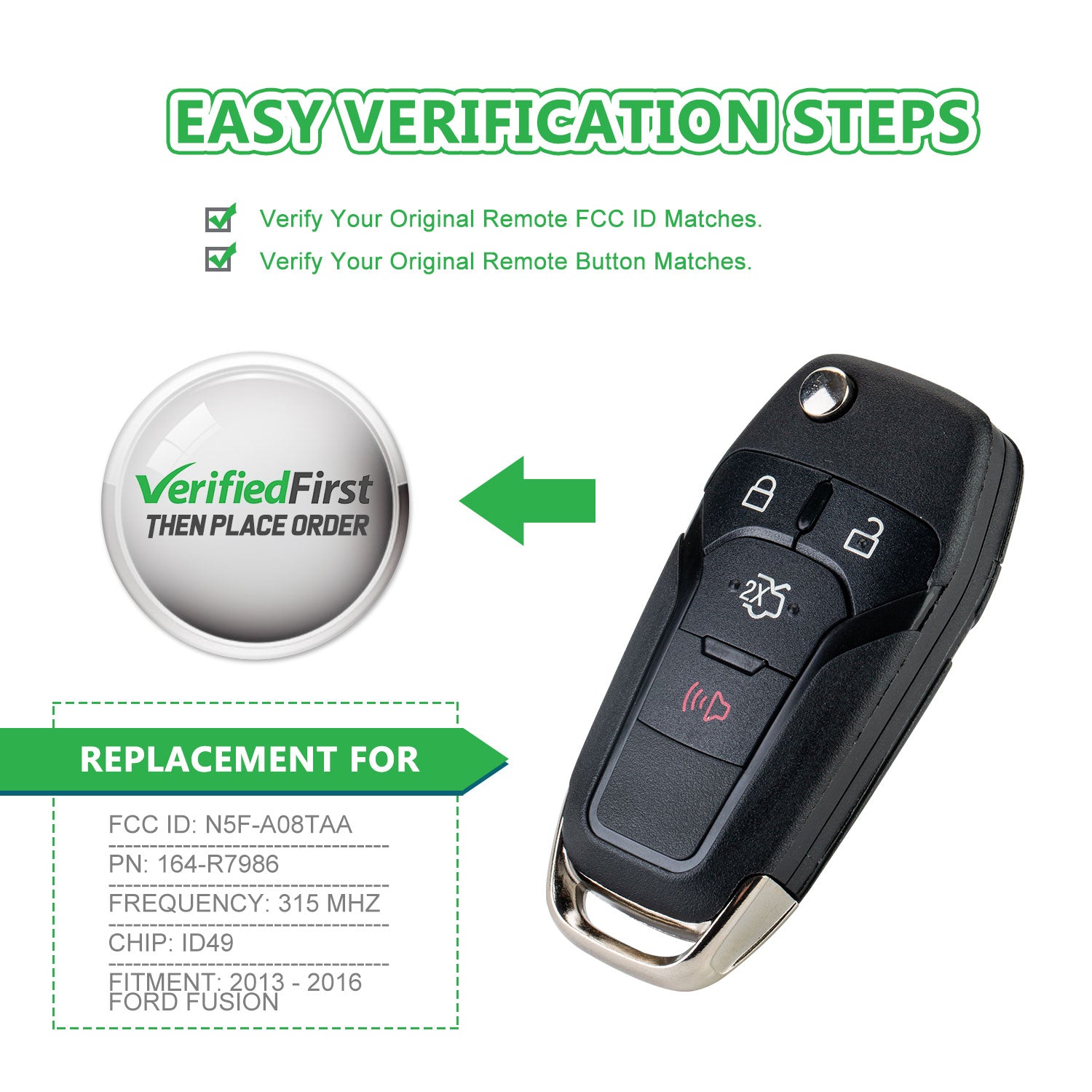 Extra-Partss Remote Car Key Fob Replacement for Ford N5F-A08TAA fits 2013 2014 2015 2016 Fusion