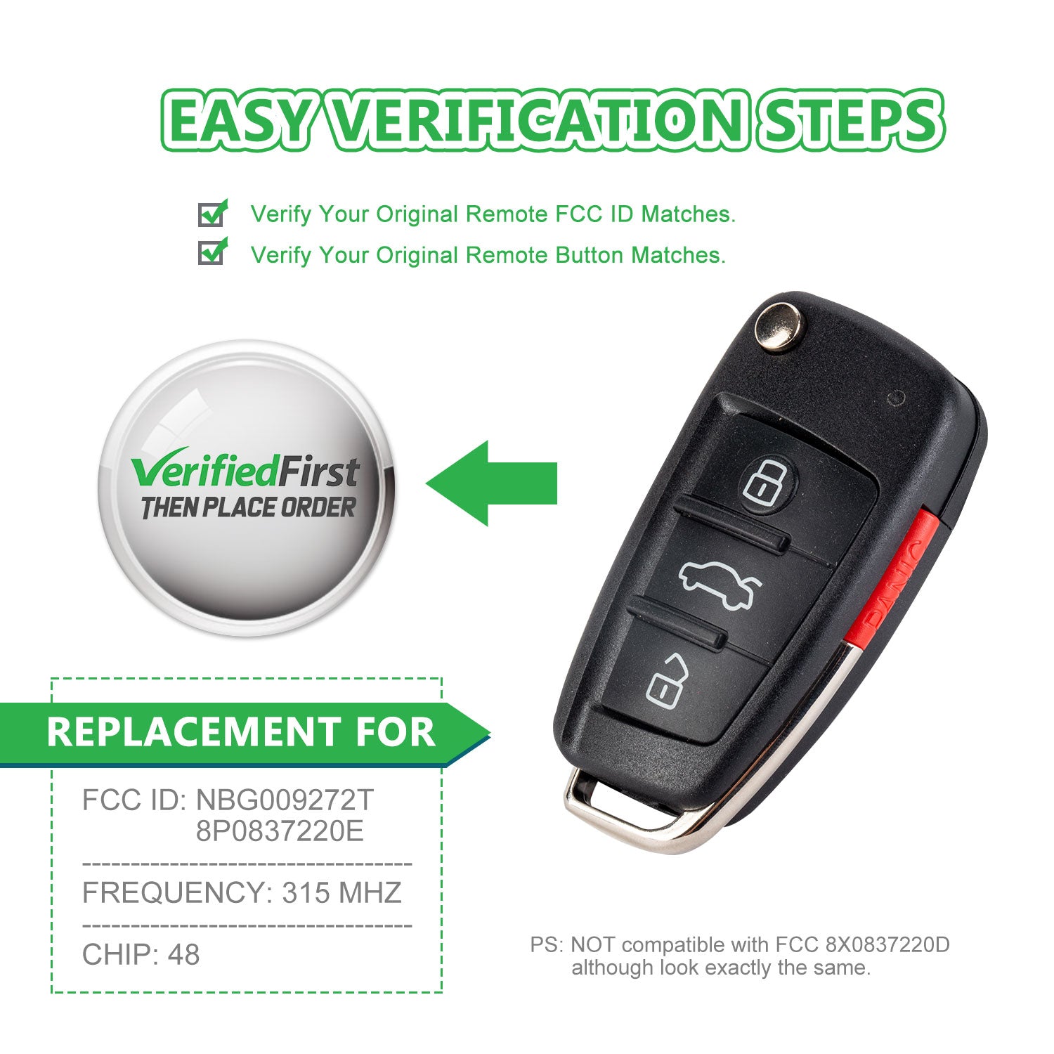 Lots of 5 Extra-Partss Smart Remote Car Key Fob Replacement for Audi NBG009272T 8P0837220E fits 2007 2008 2009 2010 A3 TT