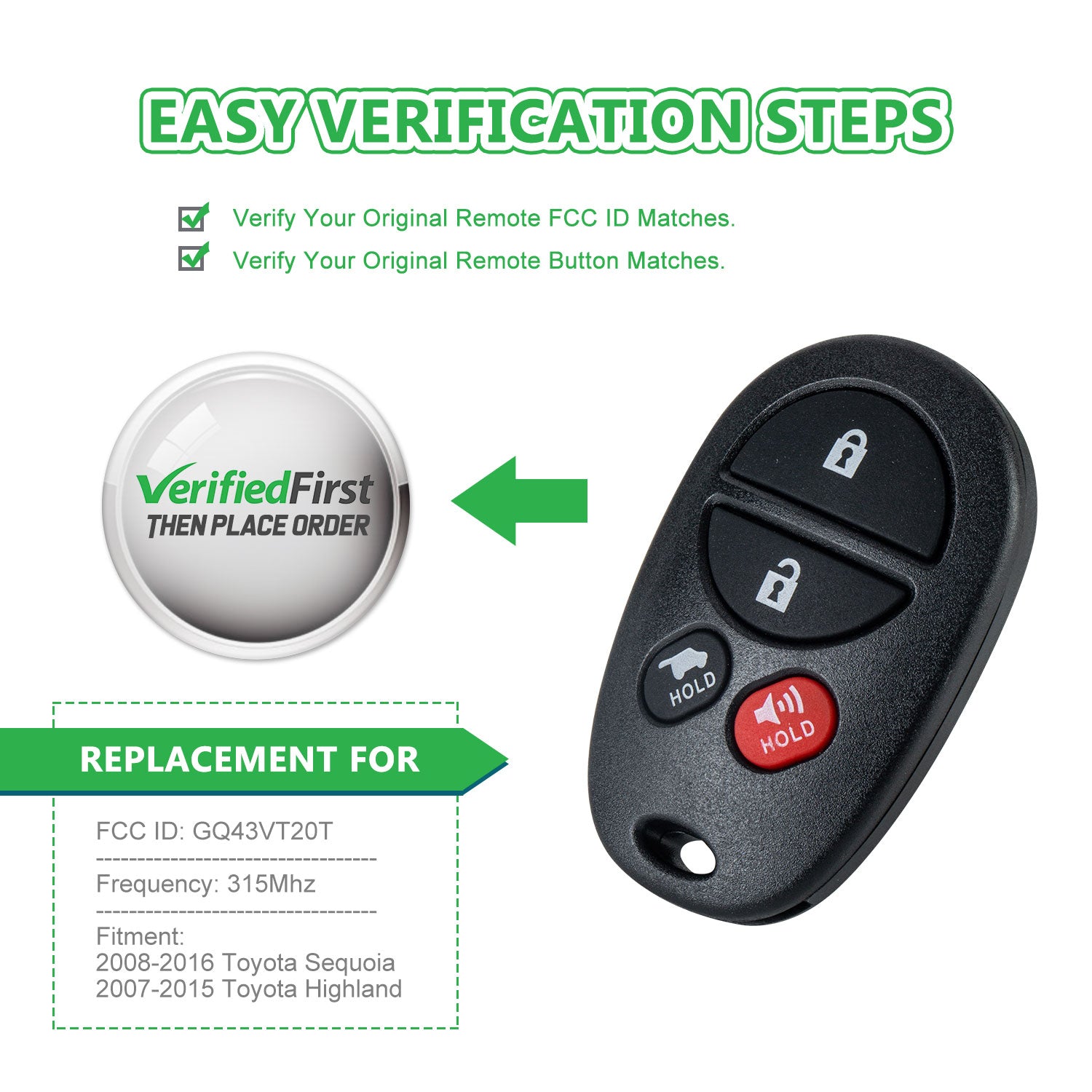 Extra-Partss Car Remote Fob Replacement for Toyot-a GQ43VT20T fits 2008 2009 2010 2011 2012 2013 2014 2015 Sequoia Highlander