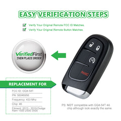 Lots of 10 Extra-Partss Remote Car Key Fob Replacement for Dodge GQ4-54T fits 2013 2014 2015 2016 2017 2018 2019 Ram 1500 2500 3500 4Btn