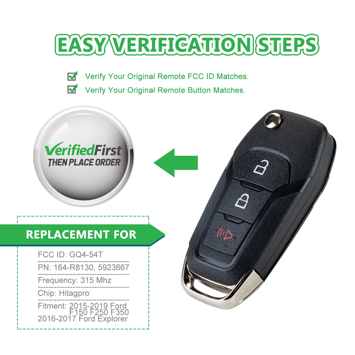 Extra-Partss Remote Car Key Fob Replacement for Ford N5F-A08TAA 164-R8130 fits 2015 2016 2017 2018 2019 F150 F250 F350