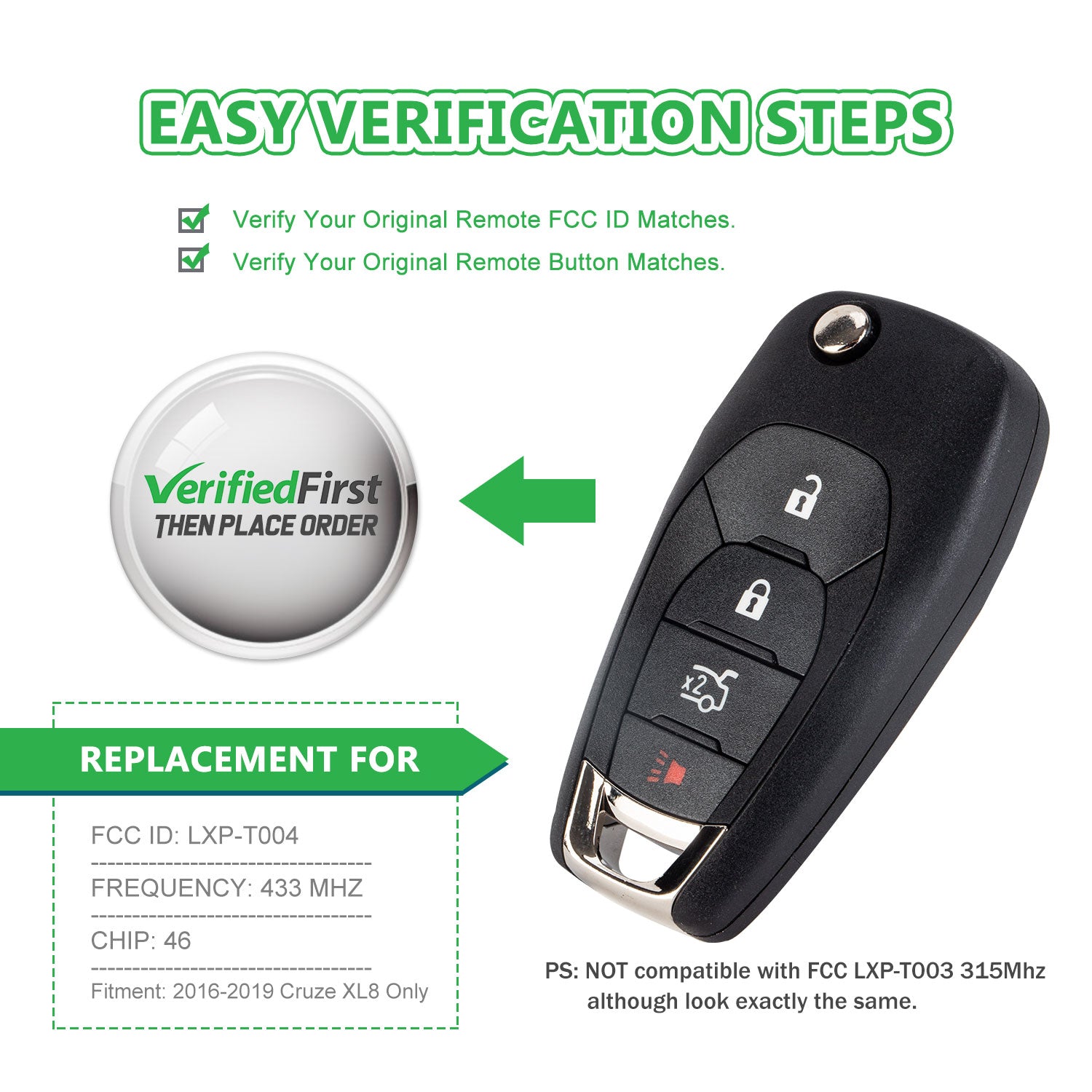 Extra-Partss Keyless Remote Car Key Fob Replacement for Chevy LXP-T004 433Mhz fits 2016 2017 2018 2019 Cruze XL8 Systems Only