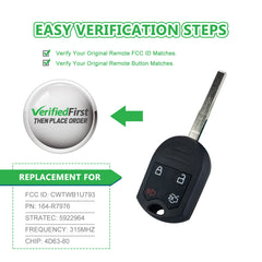 Extra-Partss Keyless Remote Car Key Fob Replacement for Selected Ford 4 Buttons CWTWB1U793 164-R7976