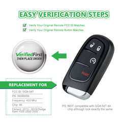 Extra-Partss Remote Car Key Fob Replacement for Dodge GQ4-54T fits 2013 2014 2015 2016 2017 2018 2019 Ram 1500 2500 3500 4Btn