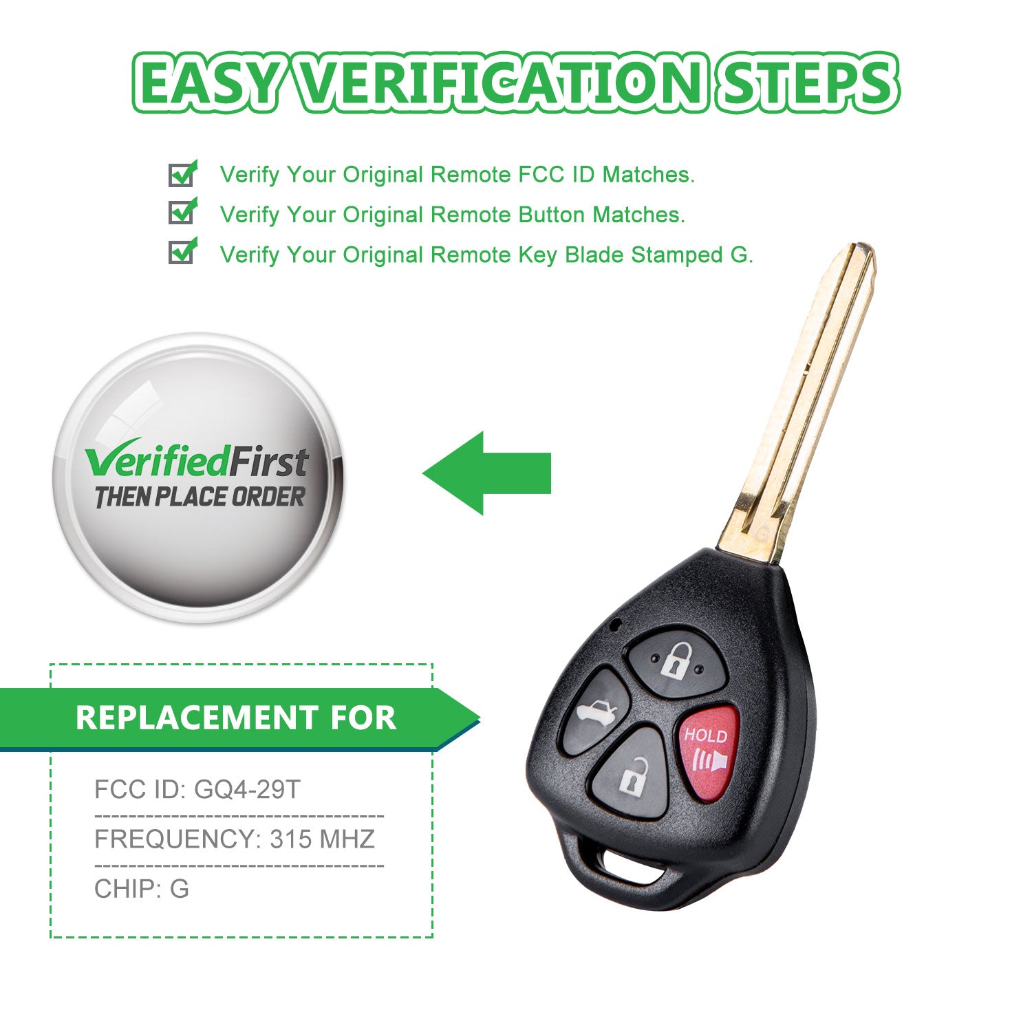 Extra-Partss Remote Car Key Fob Replacement for Toyota GQ4-29T G Chip fits 2010 2011 2012 2013 Corolla