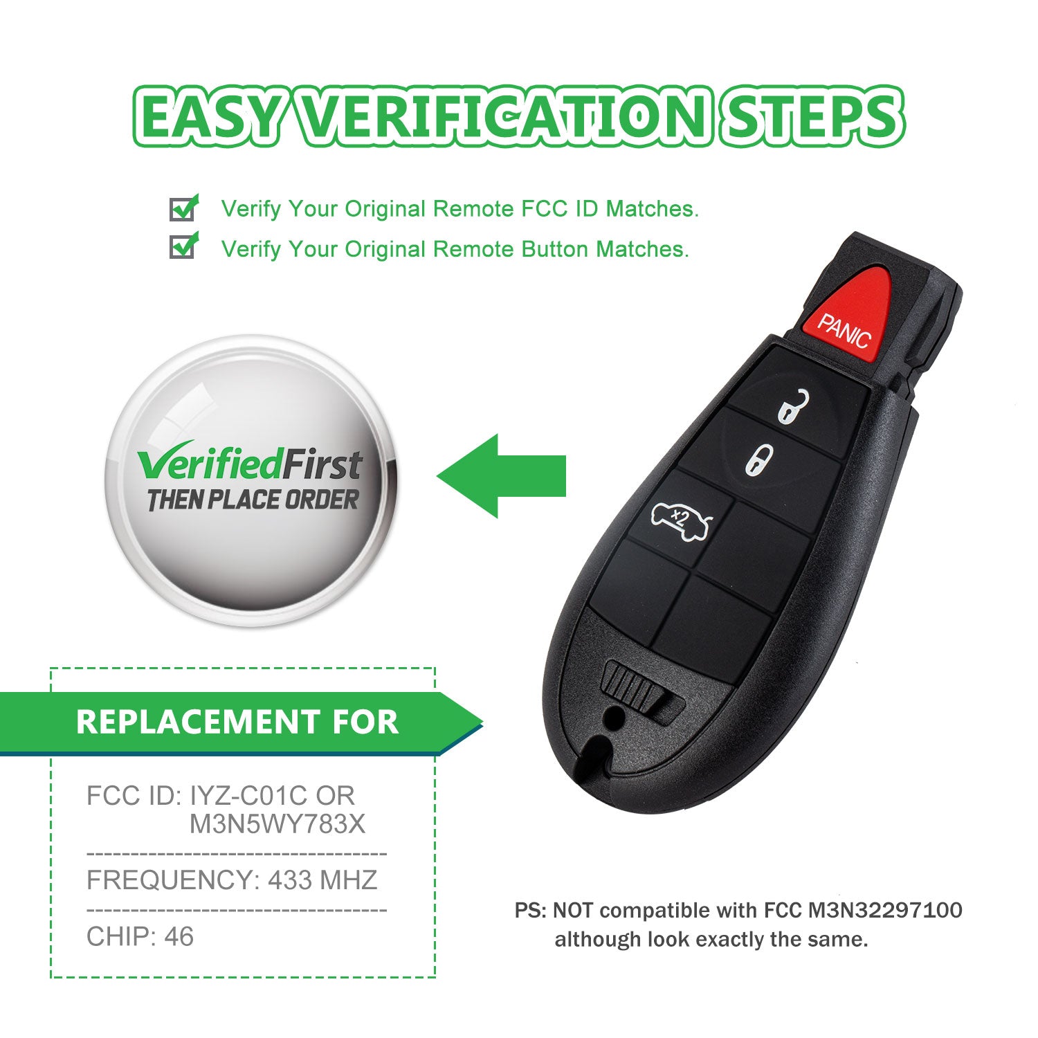 Extra-Partss Keyless Remote Car Key Fob Replacement for Dodge IYC-C01C or M3N5WY783X fits Ram 1500 4 Button