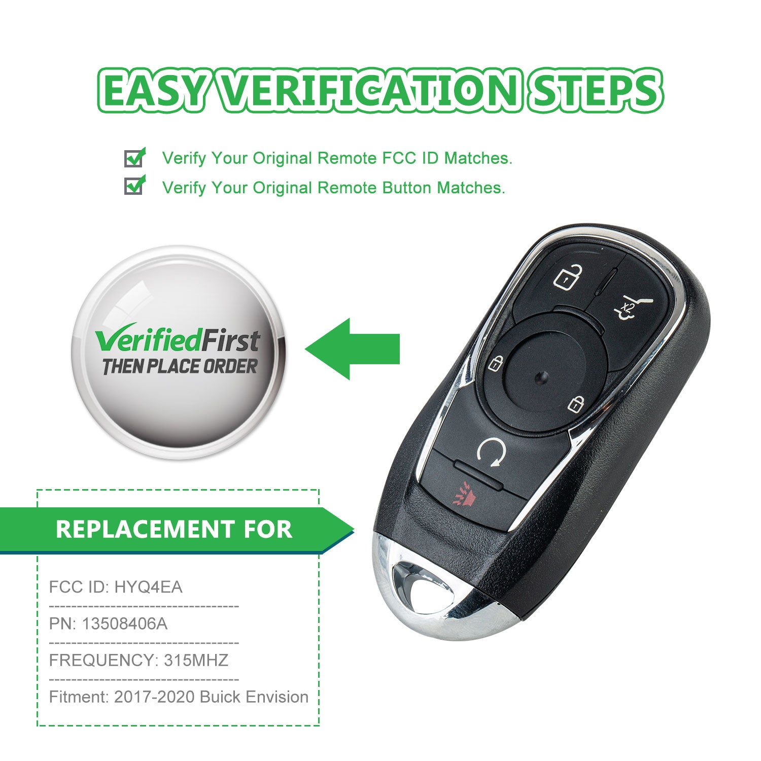 Remote Car Key Fob Replacement for Buick HYQ4EA 13508406 fits 2017 2018 2019 2020 Envision