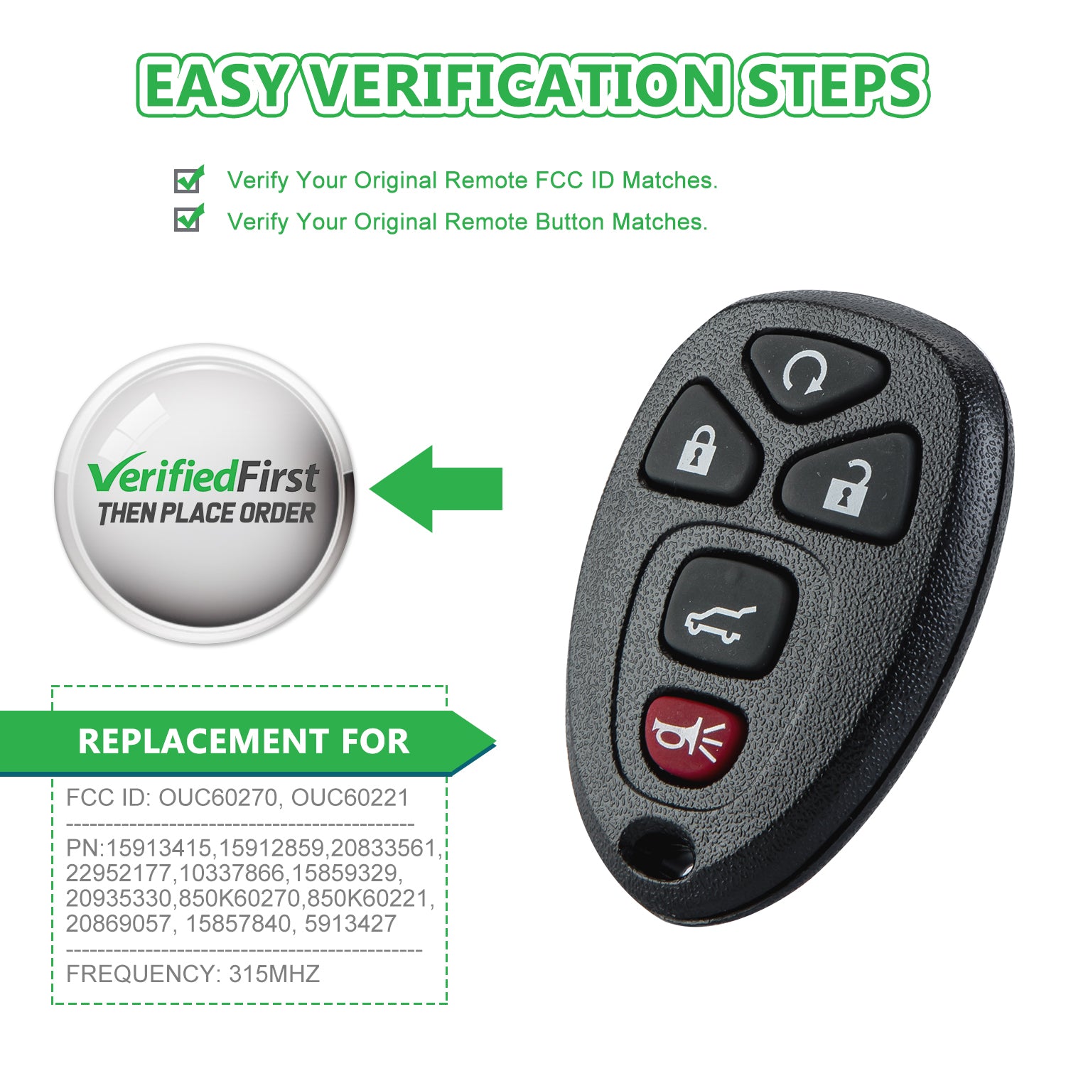 Extra-Partss Car Key Fob Replacement for Selected GM Chevy Keyless Entry 5 Button Remote OUC60270 22936101