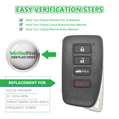 Extra-Partss Smart Car Key Fob Replacement for Lexus GS450H GS350 ES350 ES300H fits 2013 2014 2015 2016 2017 Proximity 4 Button Remote HYQ14FBA 0020 'G' Board