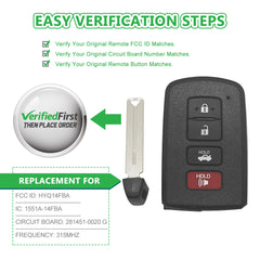 Extra-Partss Smart Car Key Fob Replacement for Toyota Camry Corolla Avalon fits 2014 2015 2016 2017 Proximity 4 Button Remote HYQ14FBA 89904-06140 0020 'G' Board