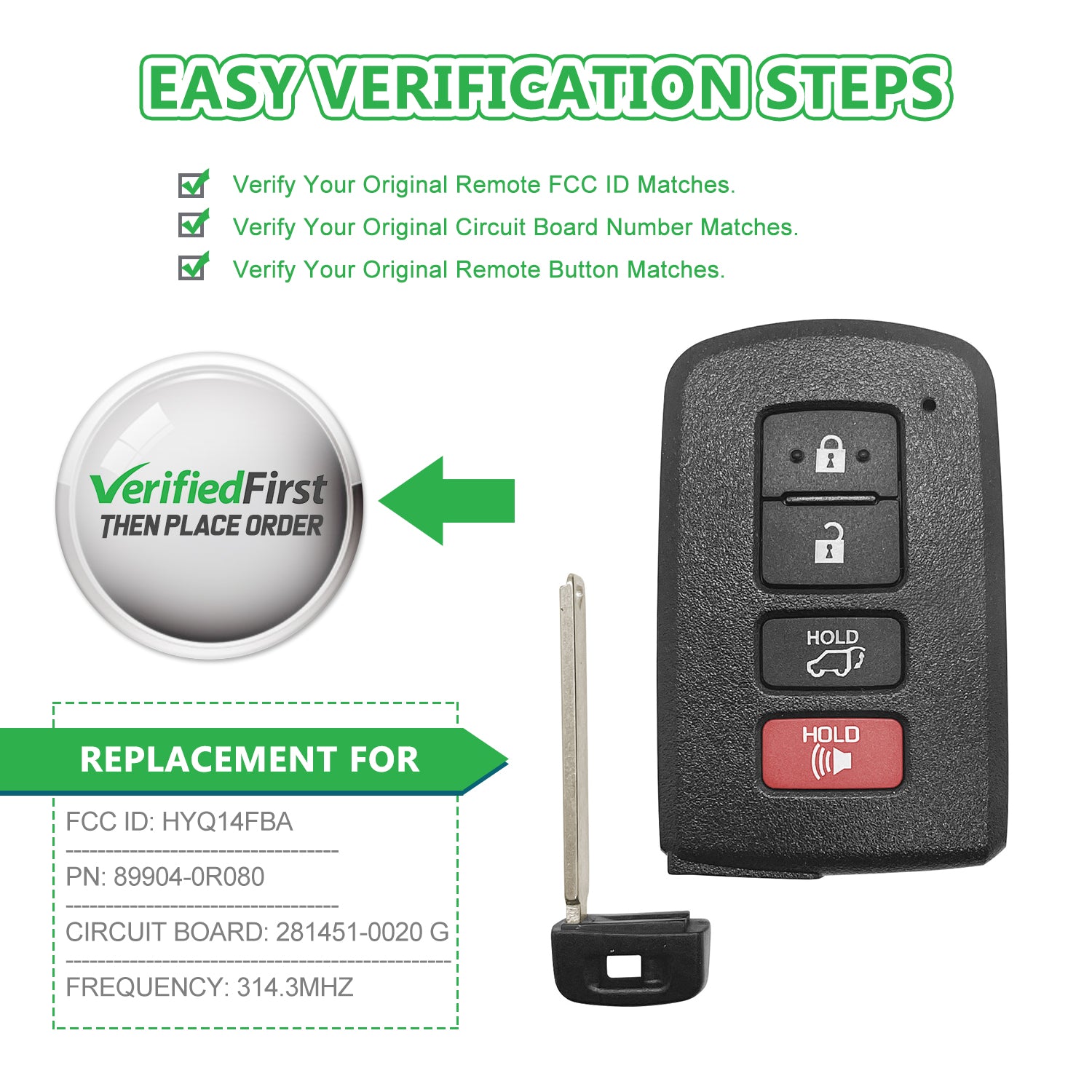 Lots of 5 Smart Car Key Fob Replacement for Toyota RAV4 fits 2013 2014 2015 2016 2017 2018 Proximity 4 Button Remote HYQ14FBA 0020 'G' Board